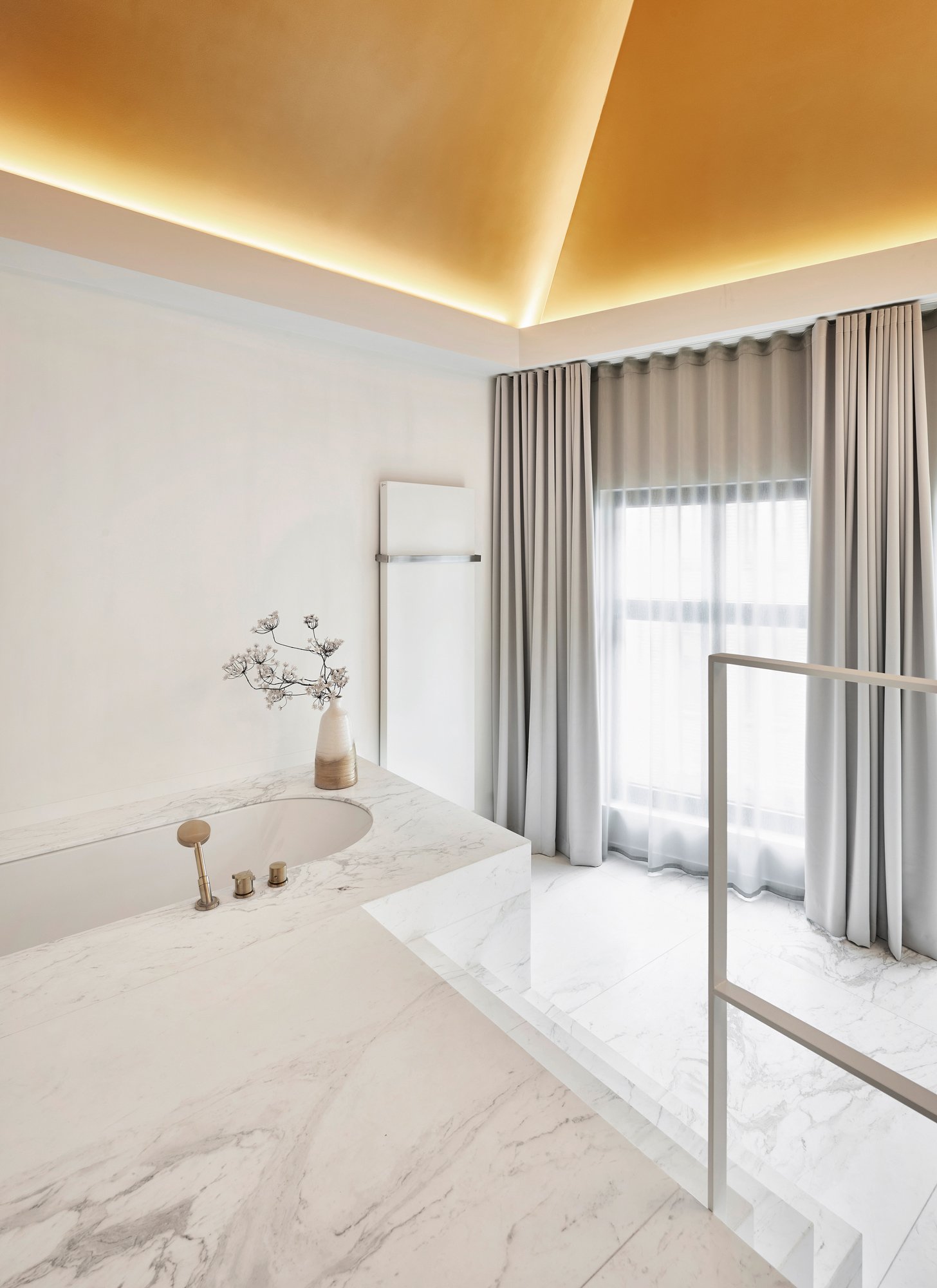 interior design bright bathroom marble white gold details