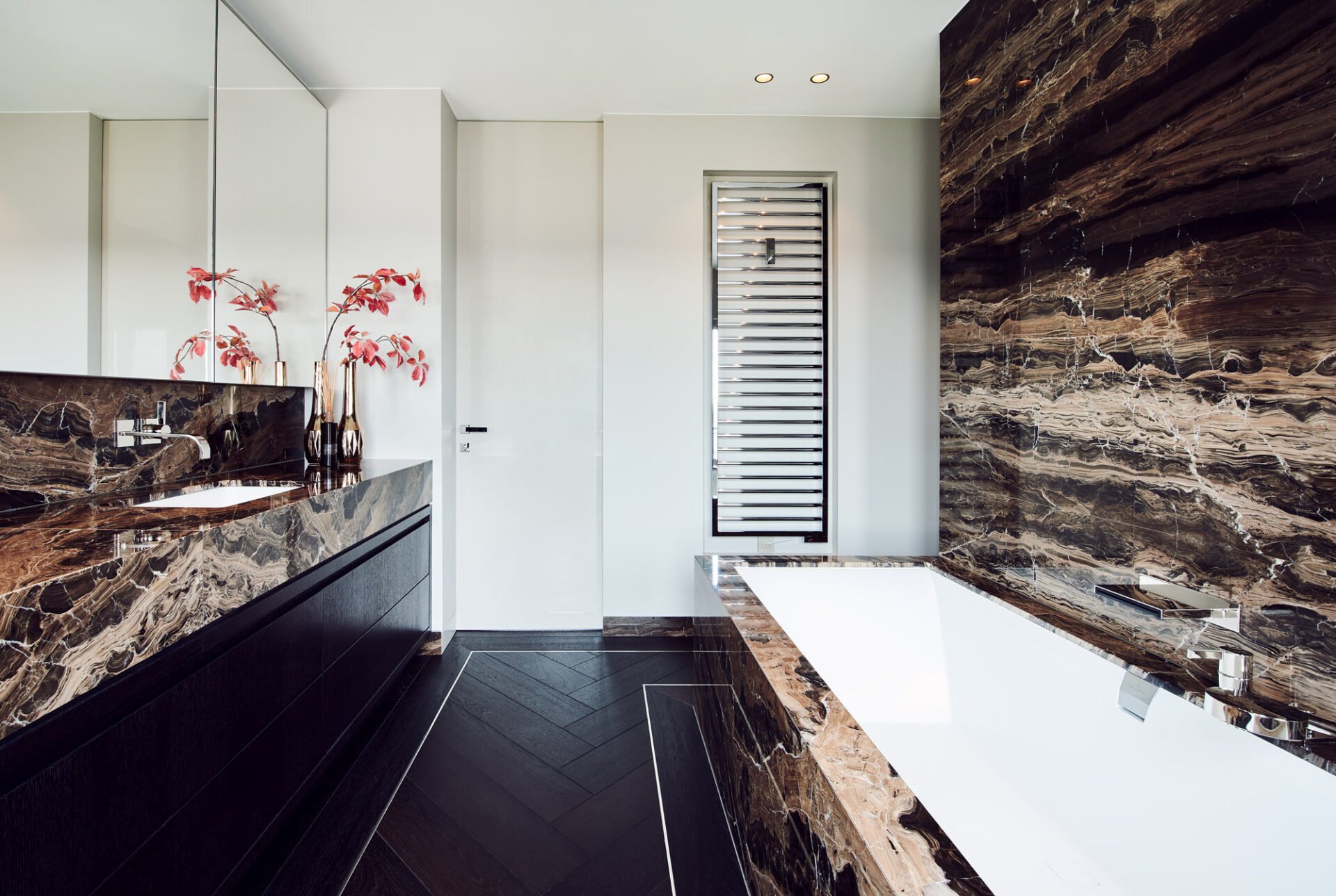 interior design marble sink and bath brown with red flowers